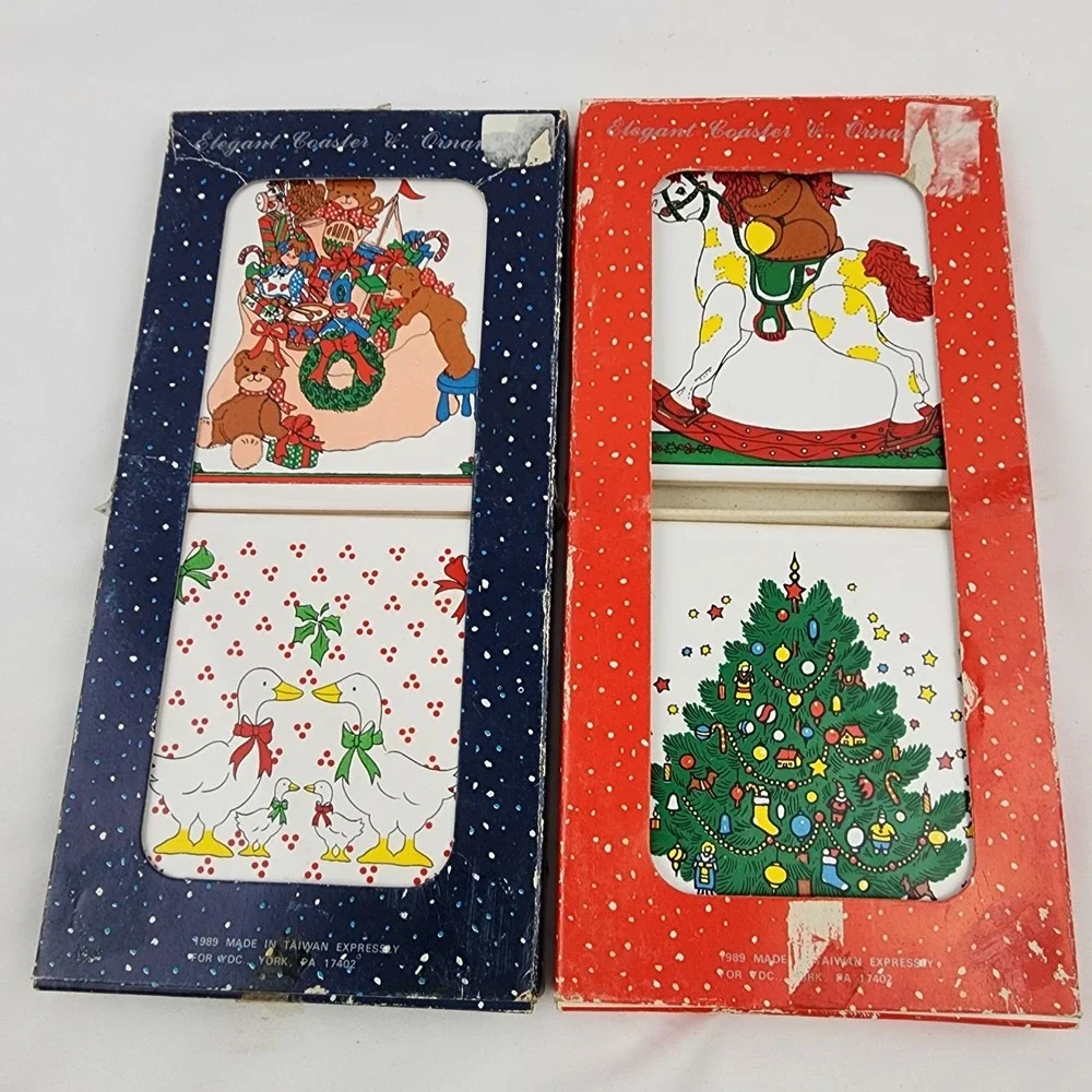 Vintage Christmas Goose Tree Bear Trivet Set Of 4 Country Decor Ceramic‎ Coaster